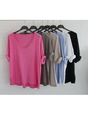 Damen langarm Shirt V-Ausschnitt uni rose Baumwolle Onesize 38 - 42 8320