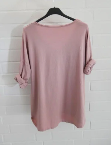 Damen langarm Shirt V-Ausschnitt uni rose Baumwolle Onesize 38 - 42 8320