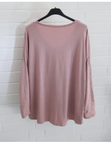 Damen langarm Shirt V-Ausschnitt uni rose Baumwolle Onesize 38 - 42 8320