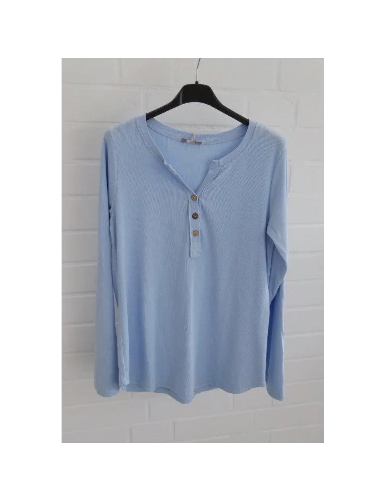 Hellblaues Damen rippenshirt mit Knopfleiste und Rundhalsausschnitt
