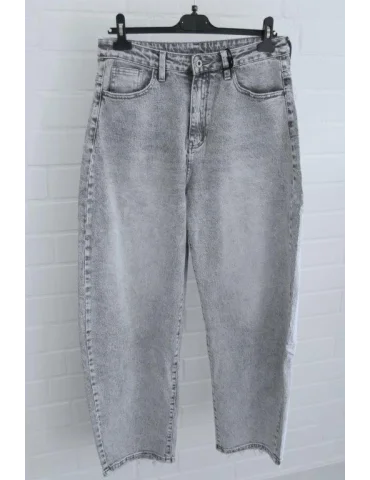 Graue Damen O-Shape Jeans mit hohem Bund und ausgefransten Säumen