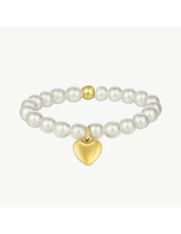 Damenring aus cremefarbenen Perlen mit goldfarbenem Herzanhänger