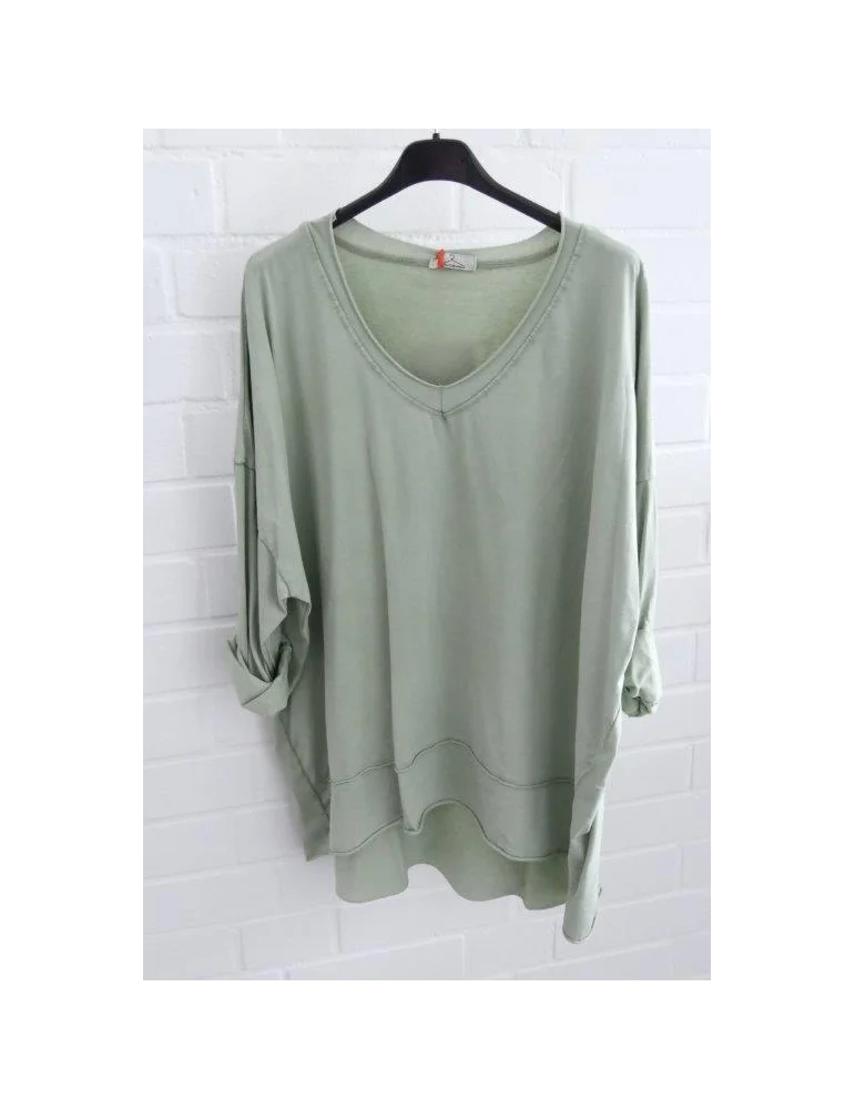 Lindgrünes Damen Vokuhila Shirt mit V-Ausschnitt und Ziernähten vorne