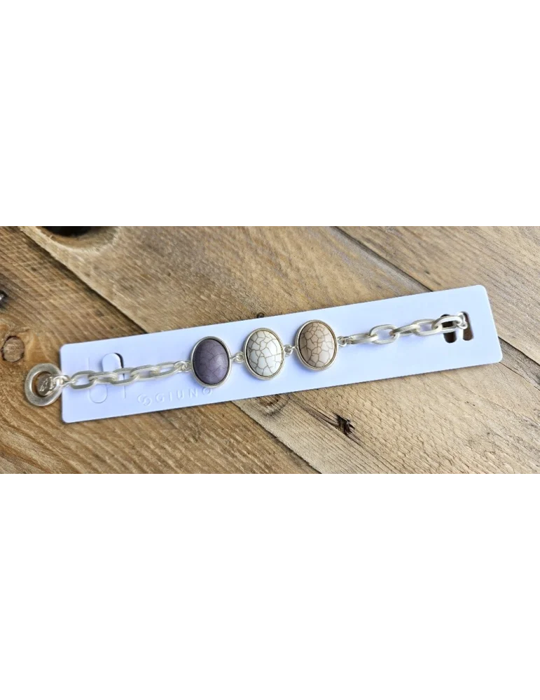 Silberfarbenes Damen Armband mit 3 ovalen, eingefassten Steinen in den Farben beige, grau und weiß