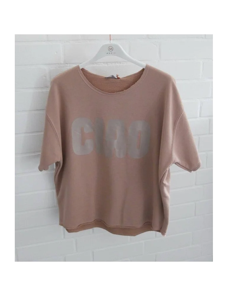 Schlammfarbenes kurzarm Sweatshirt mit Vorderaufdruck "CIAO"