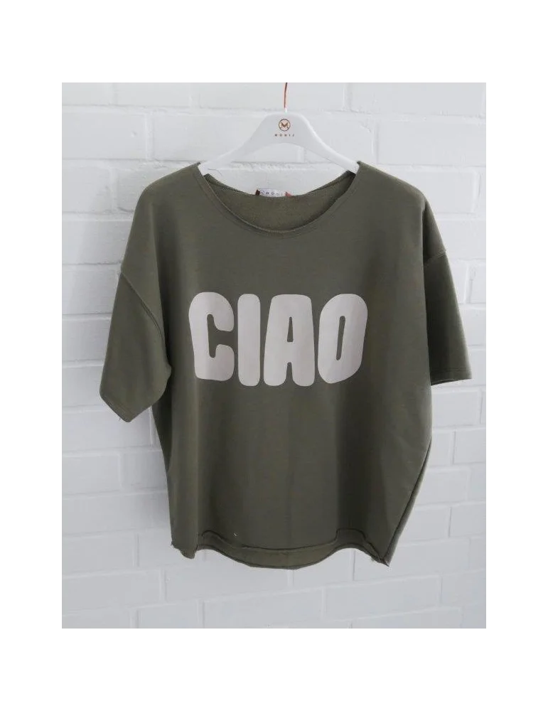 Olivgrünes kurzarm Sweatshirt mit hellbeigem Vorderaufdruck "CIAO"