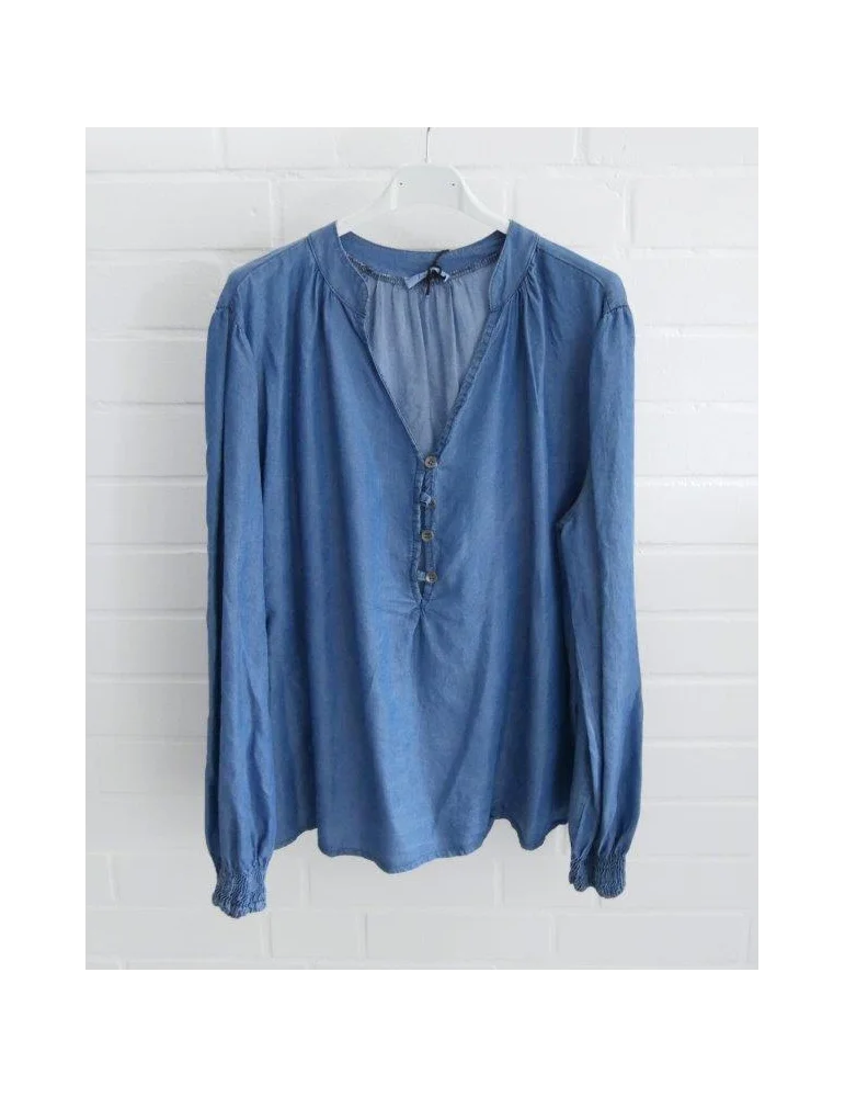 Dunkelblaue Damen Denim-Bluse mit V-Ausschnitt, Knopfleiste und Smock-Bündchen am Ärmel