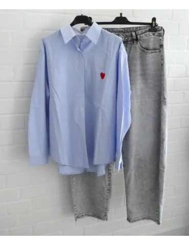 Damen Bluse Hemd hellblau uni rotes Herz...