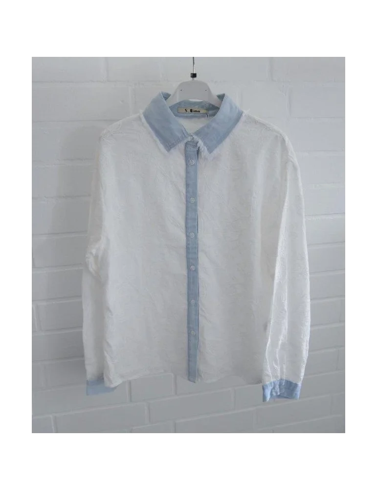 Weiße langarm Bluse mit Stickerei und Denim Kragen und Manschetten