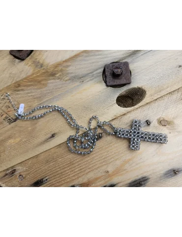 Modeschmuck Kette Halskette lang taupe klar Kristallperlen Kreuz Kunststoff Metall 1055