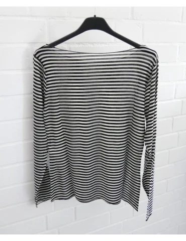 Rückansicht Creme schwarz gestreiftes Basic Shirt mit langen Ärmeln enger geschnitten