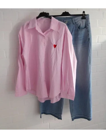 Damen Bluse Hemd rose weiß Streifen Herz Business Freizeit Onesize 38 - 42 2463