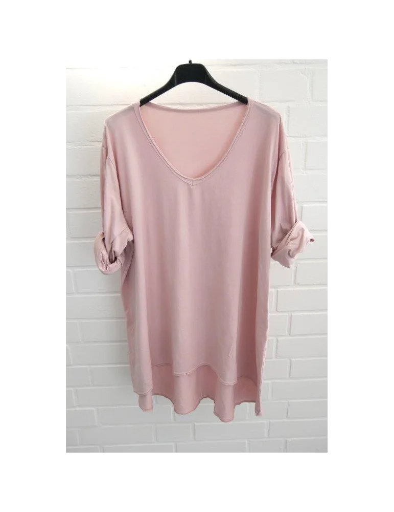 Rosefarbenes langarm Shirt mit V-Ausschnitt und offenen Stoffkanten