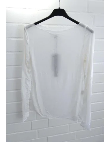 Weißes langarm Shirt mit Kaschmiranteil und Rundhalsausschnitt