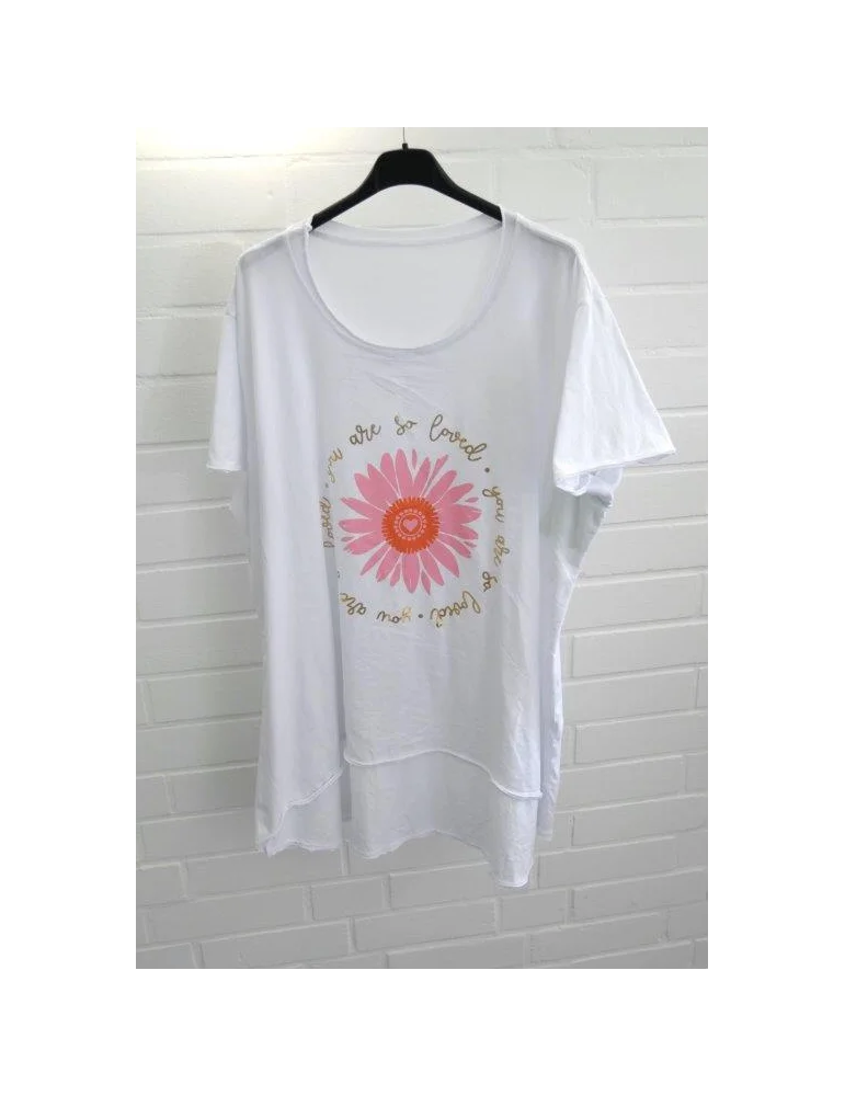 Weißes kurzarm Shirt mit Blume und Schriftzug als Frontdruck