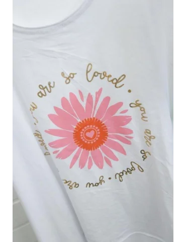 Damen Shirt A-Form kurzarm weiß Blume Schrift mit Baumwolle Onesize ca. 38 - 46 6036