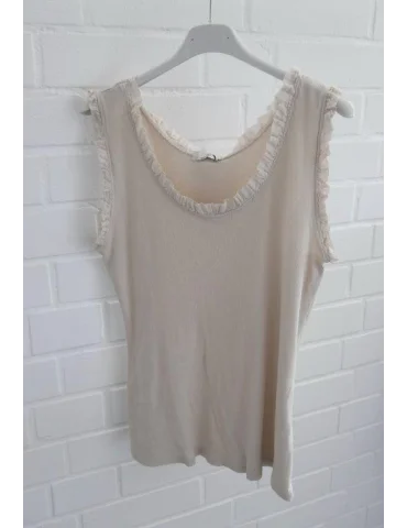 Beige geripptes Damen-Top mit zarten Rüschen am Rundhals- und Ärmelausschnitt
