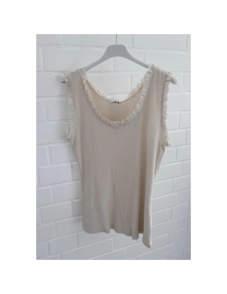 Beige geripptes Damen-Top mit zarten Rüschen am Rundhals- und Ärmelausschnitt