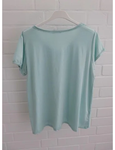 Rückansicht Mintgrünes Damen T-Shirt mit weißem „Copenhagen“ Schriftzug und V-Ausschnitt