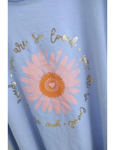 Damen Shirt A-Form kurzarm blau Blume Schrift mit Baumwolle Onesize ca. 38 - 46 6036