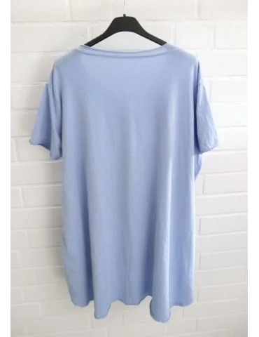 Damen Shirt A-Form kurzarm blau Blume Schrift mit Baumwolle Onesize ca. 38 - 46 6036