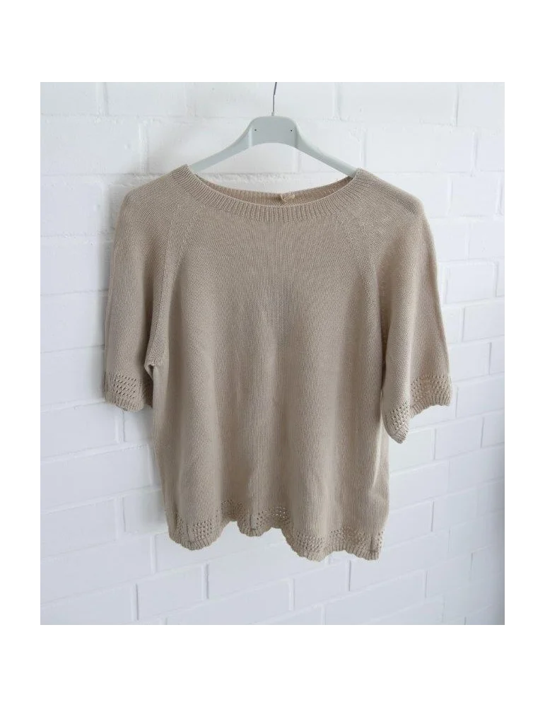 Leichter Beiger kurzarm Strick Pullover mit Lochmuster an Bund und Ärmeln