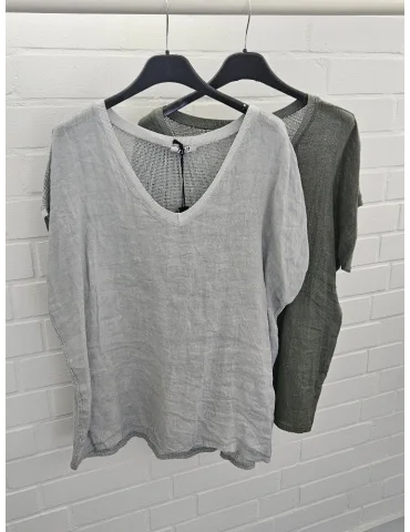 Damen Shirt kurzarm oliv uni Leinen Baumwolle Onesize 38 - 44