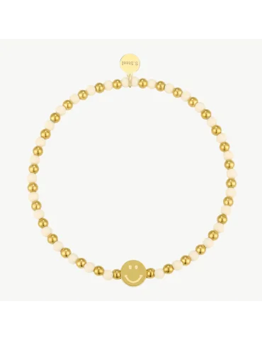 Damen Armband mit kleinen goldfarbenen und cremefarbenen Perlen und einem Smiley Charm