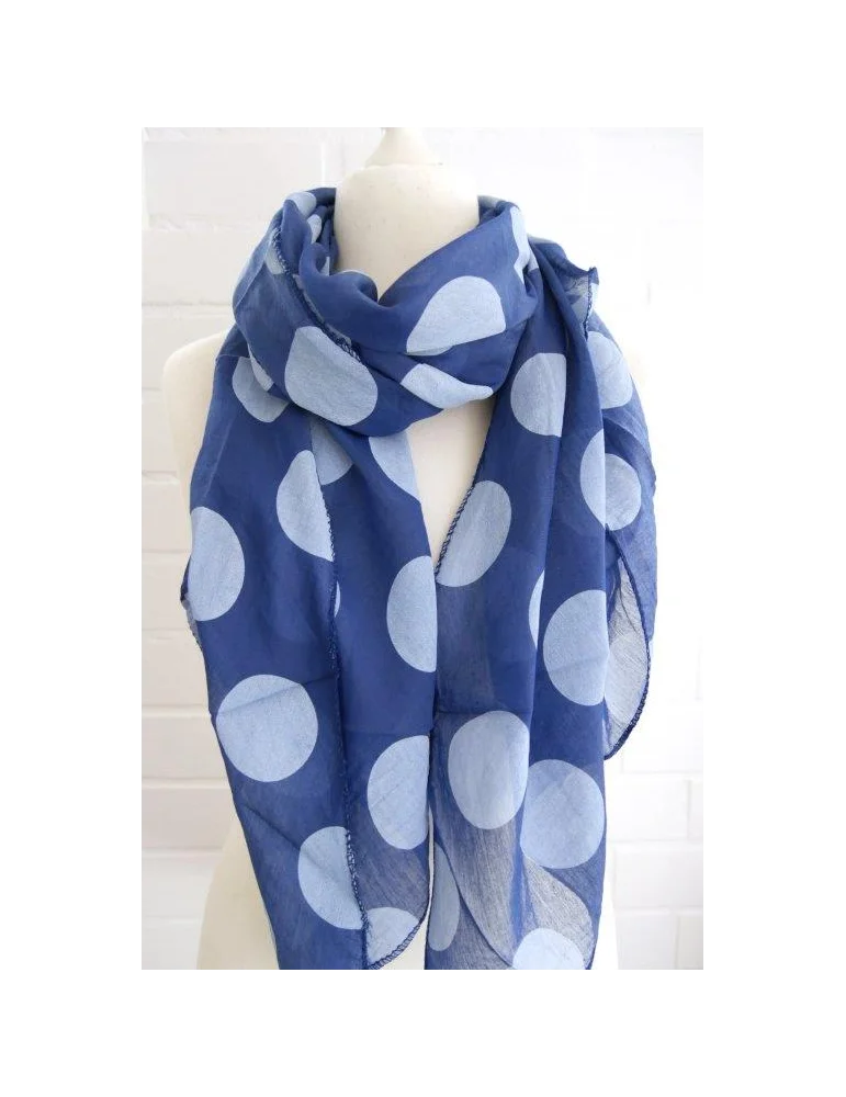 Royalblauer Schal mit weißen Riesenpunkten und einem Seiden Baumwoll Gemisch