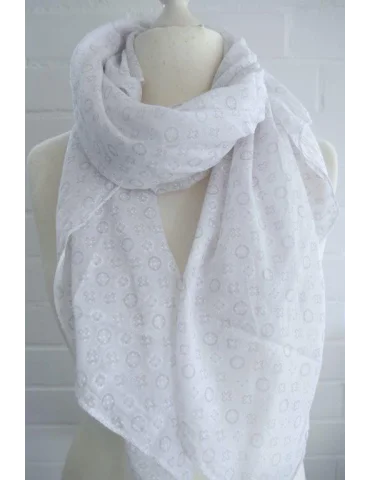 Weißer Seiden Baumwoll Schal mit grauem Phantasiemuster