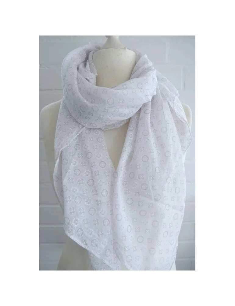 Weißer Seiden Baumwoll Schal mit grauem Phantasiemuster