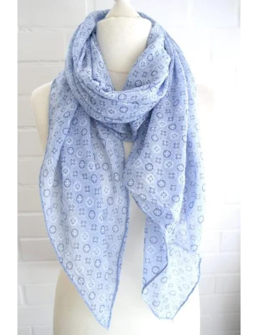Schal Tuch Loop Seide Baumwolle hellblau blau weiß Phantasiemuster S 277