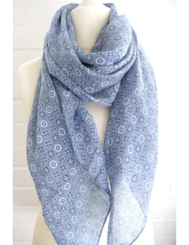 Jeansblauer Seiden Baumwoll Schal mit Phantasiemuster