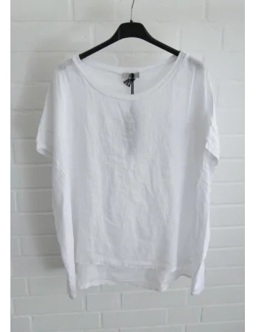 Weißes Leinen kurzarm Shirt mit Rundhals und Ziernähten