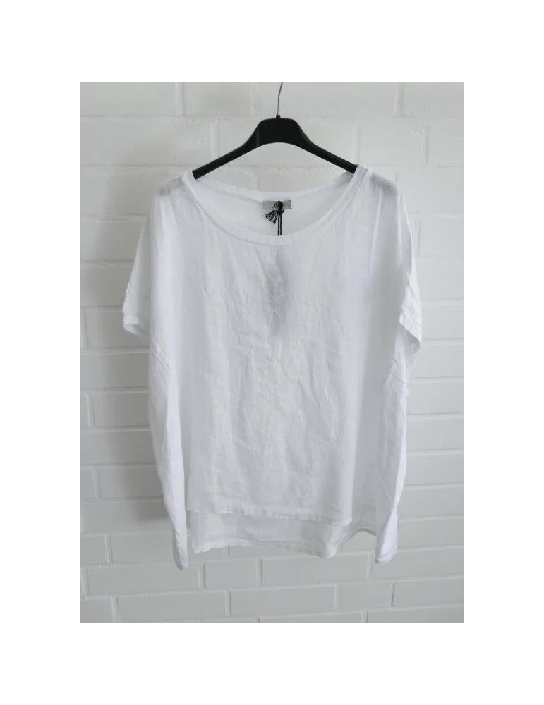 Weißes Leinen kurzarm Shirt mit Rundhals und Ziernähten