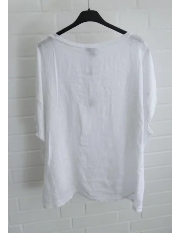 Rückansicht Weißes Leinen kurzarm Shirt mit Rundhals und Ziernähten