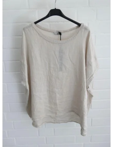 Beiges Leinen Shirt kurzarm mit Ziernähten und Rundhalsausschnitt