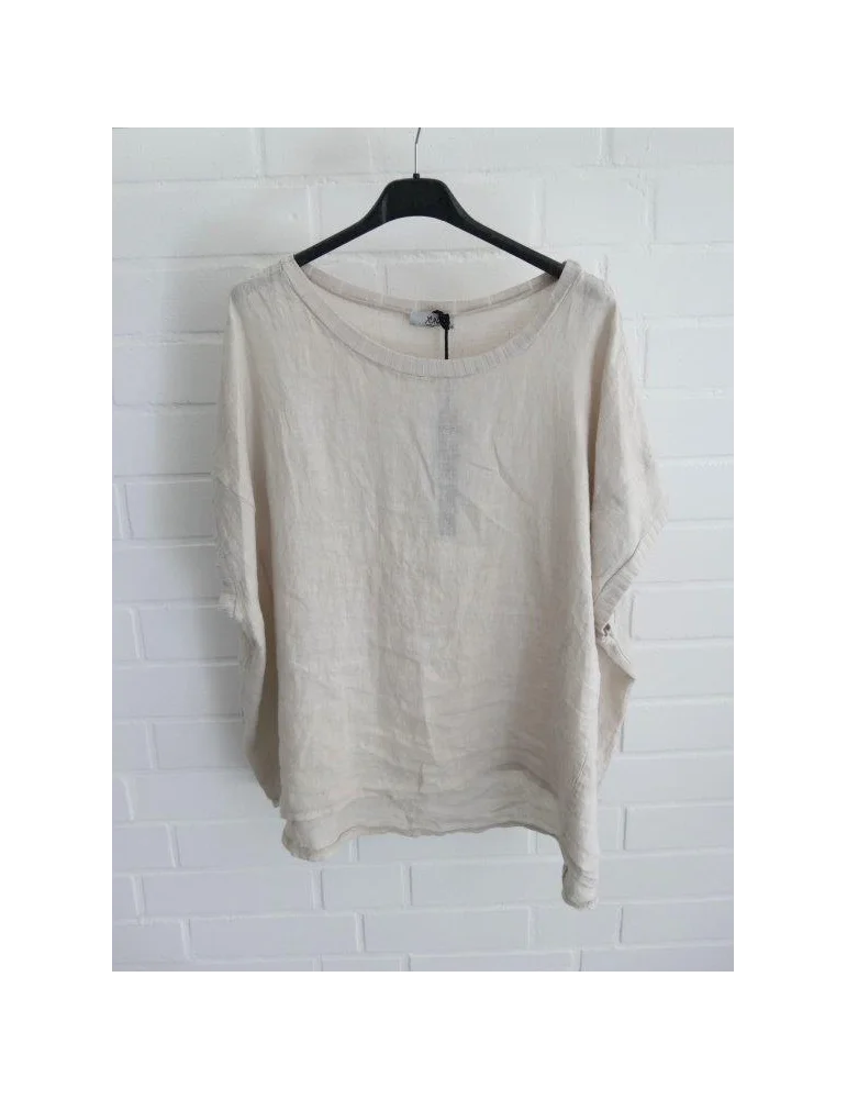 Beiges Leinen Shirt kurzarm mit Ziernähten und Rundhalsausschnitt