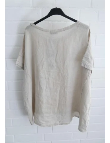 Rückansicht Beiges Leinen Shirt kurzarm mit Ziernähten und Rundhalsausschnitt