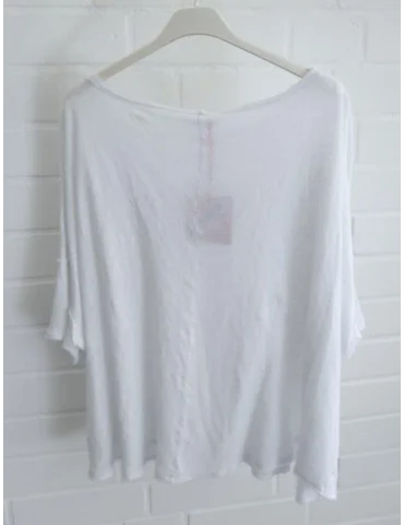 Rückansicht Weißes kurzarm Shirt mit offenen Stoffkanten in kastigem Schnitt