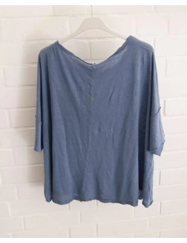 Rückansicht Jeansblaues kurzarm Shirt aus Leinen kastig geschnitten