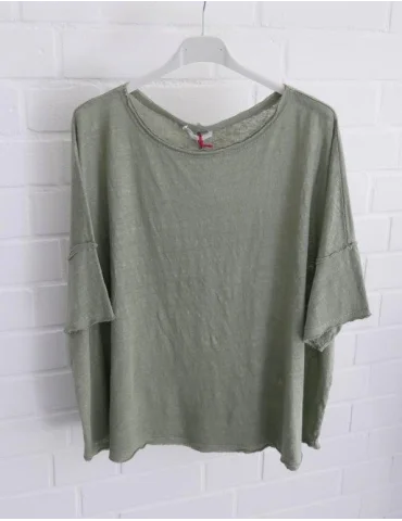 Olivgrünes Kurzarm Shirt in kastiger Form aus Leinen