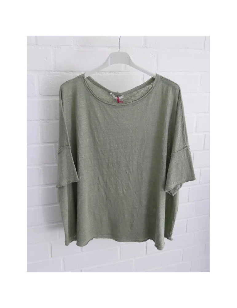 Olivgrünes Kurzarm Shirt in kastiger Form aus Leinen