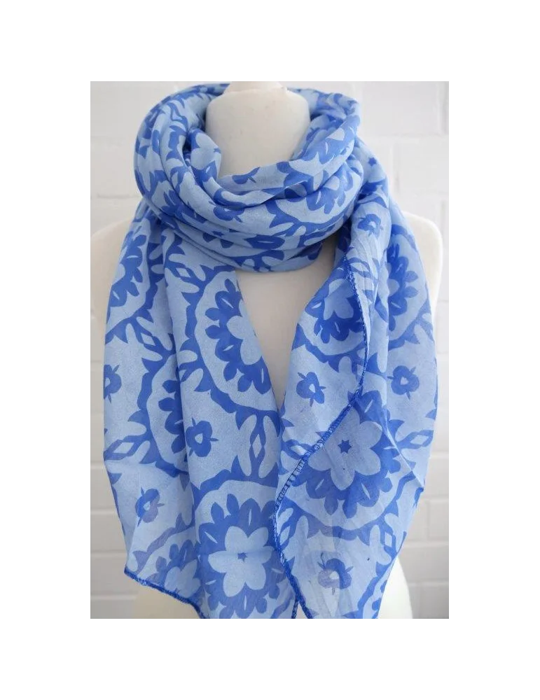 Seiden Baumwoll Schal in hellblau mit royalblauem Muster