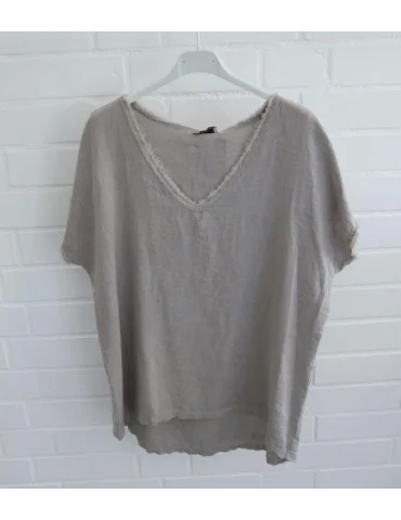 Schlammfarbenes Damen Shirt mit V-Ausschnitt und ausgefransten Kanten