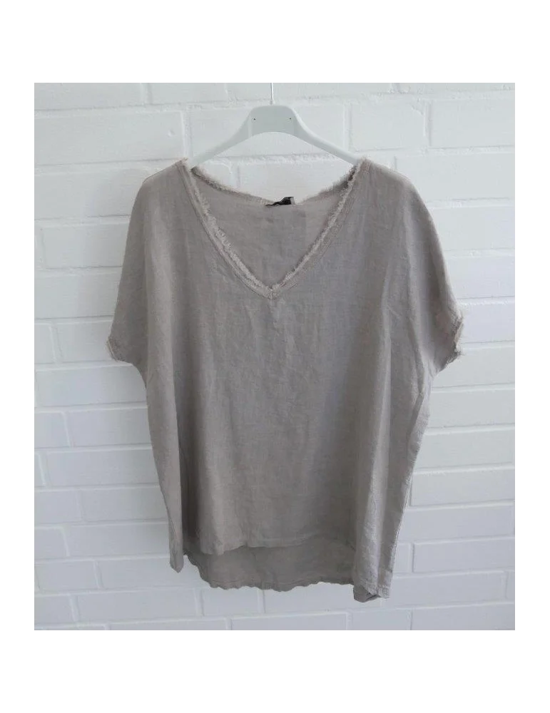 Schlammfarbenes Damen Shirt mit V-Ausschnitt und ausgefransten Kanten