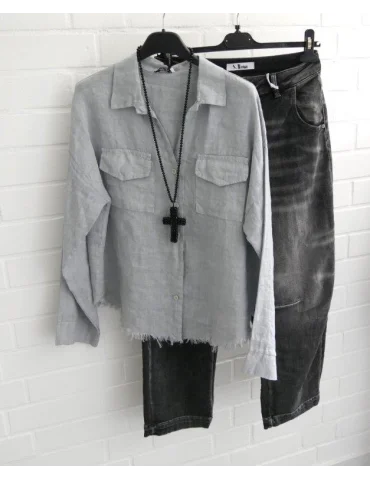 Leinenbluse Hellgrau – Lässiger Utility-Look