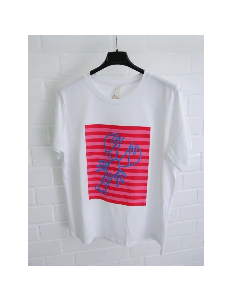 Weißes Shirt mit Streifendruck und Lobster auf der Brust