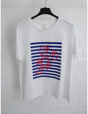 Weißes Shirt kurzarm mit Streifen und Lobster auf der Brust