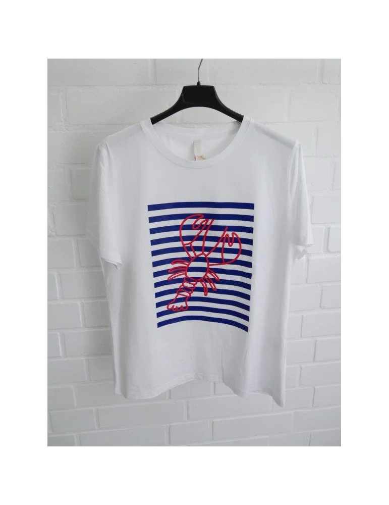 Weißes Shirt kurzarm mit Streifen und Lobster auf der Brust